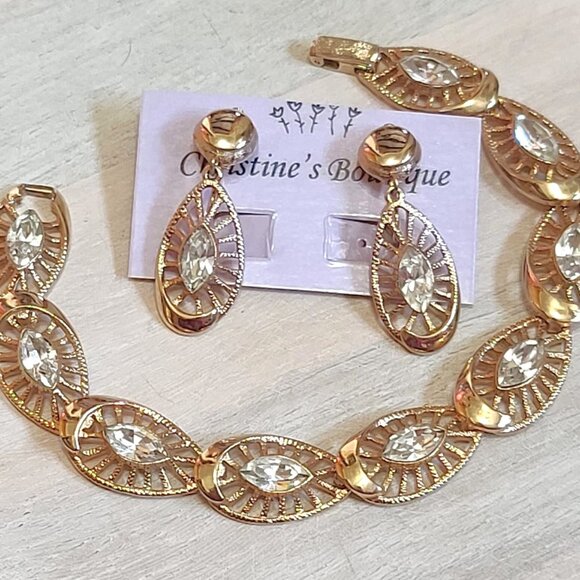 Rhinestone link bracelet and clip on earrings set, vintage rhinestone set, goldt - Picture 3 of 4